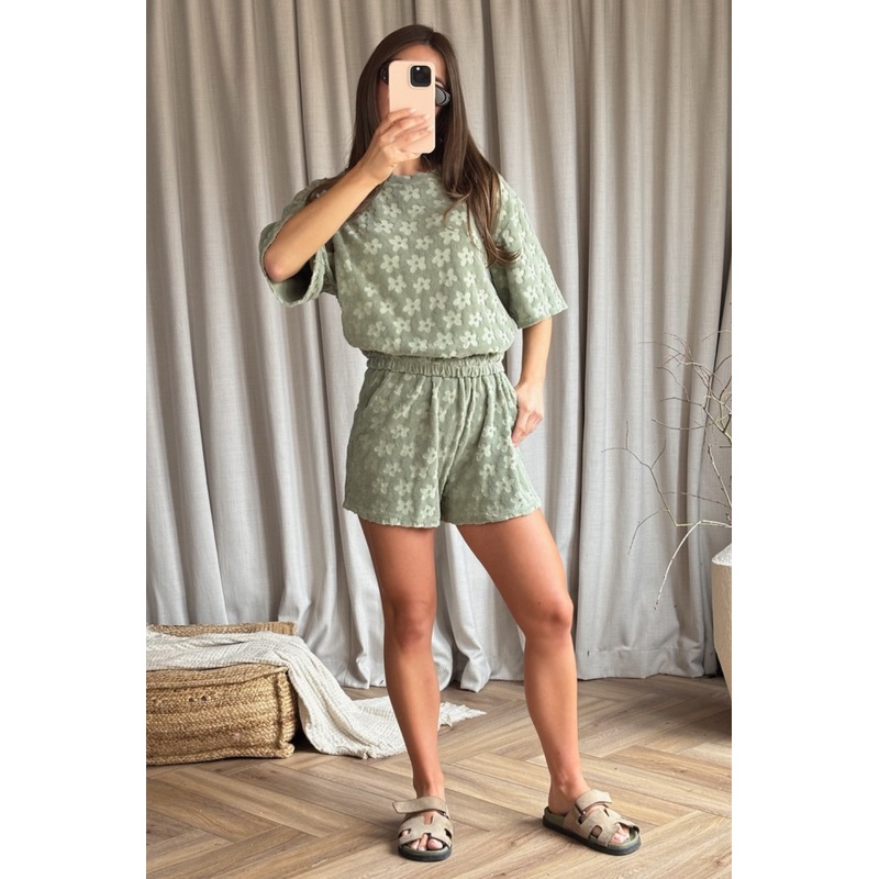 Nadine khaki floral towelling t-shirt & shorts co ord