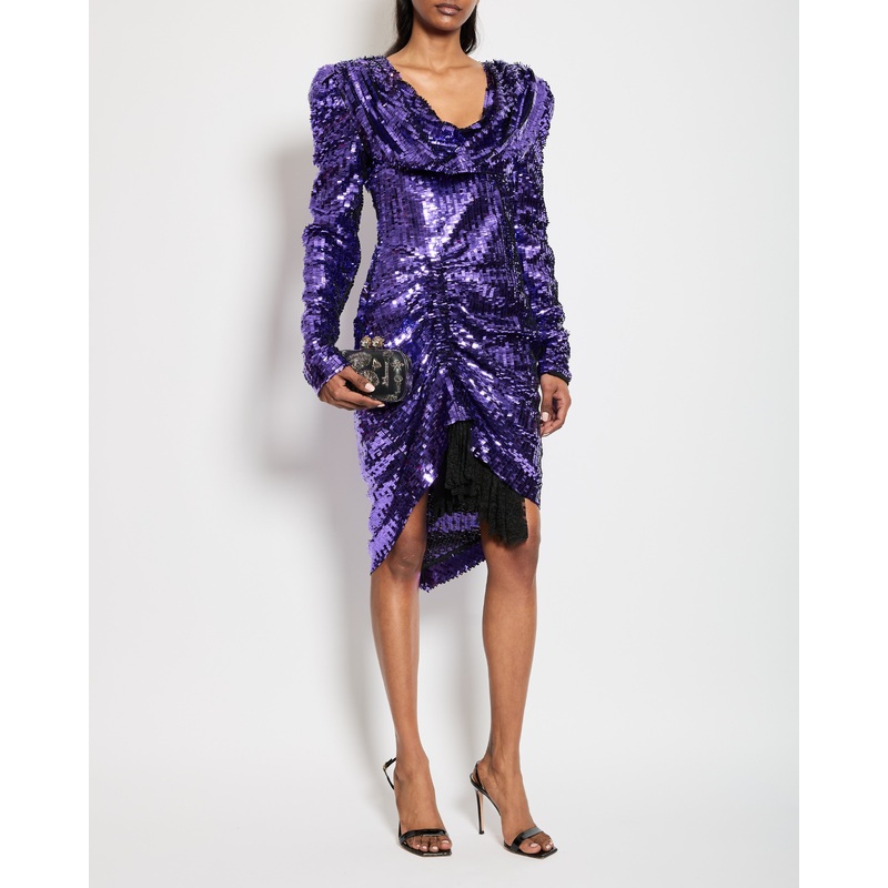 Preen By Thornton Bregazzi Purple Midi Long Sleeve Sequin Dress with Lace Trim Detail Size Medium (UK 8-10)