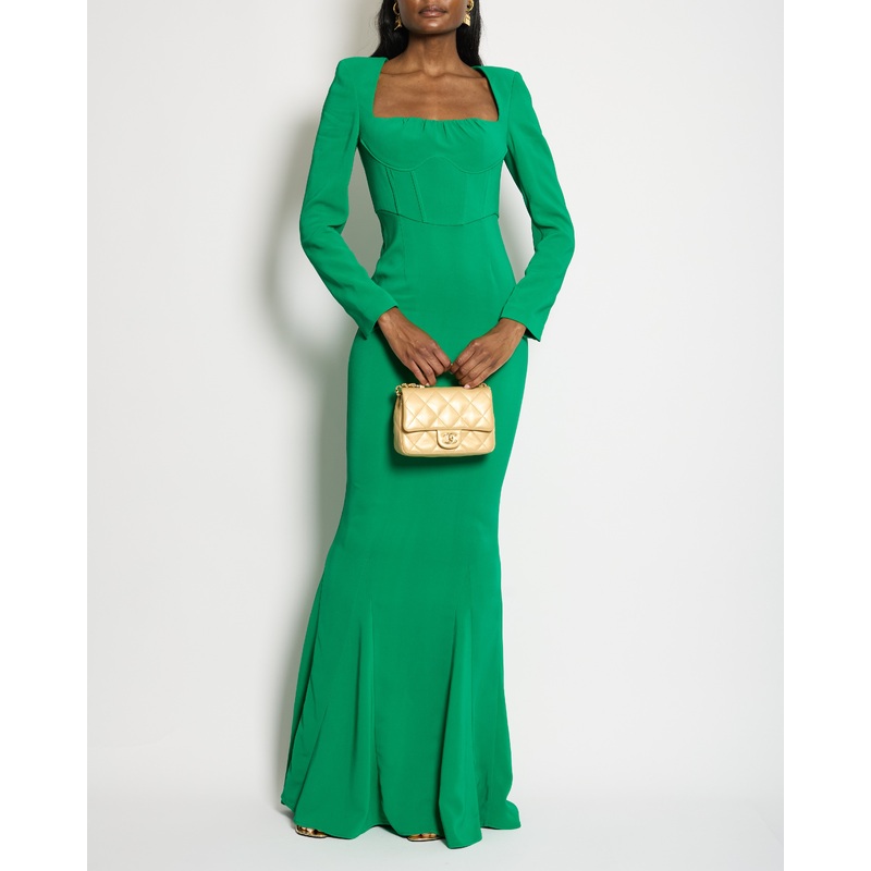 Roland Mouret Green Long Sleeve Maxi Dress with Corset Waist Detail Size UK 8