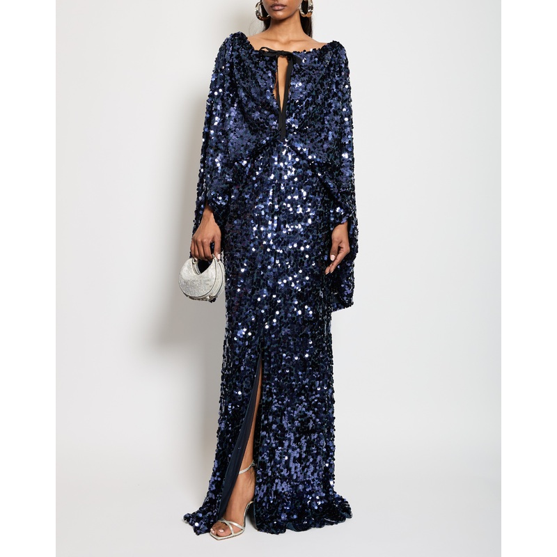 Roland Mouret Navy Blue Sequin Gown Long Dress with Cape Sleeves Detail Size UK 8