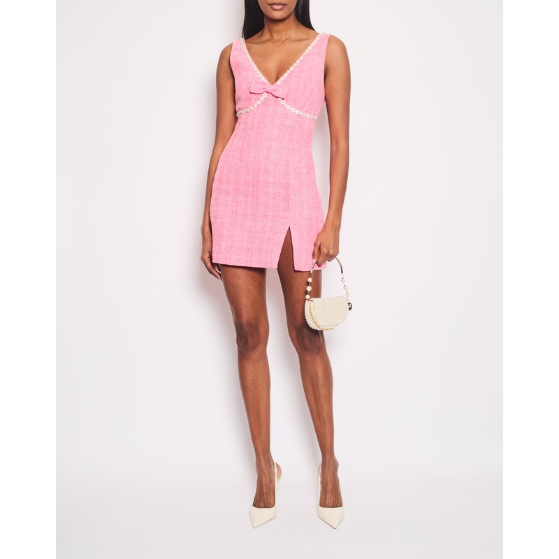 Self-Portrait Pink Tweed Mini Dress With Pearl Embellishment Details Size (UK 8)