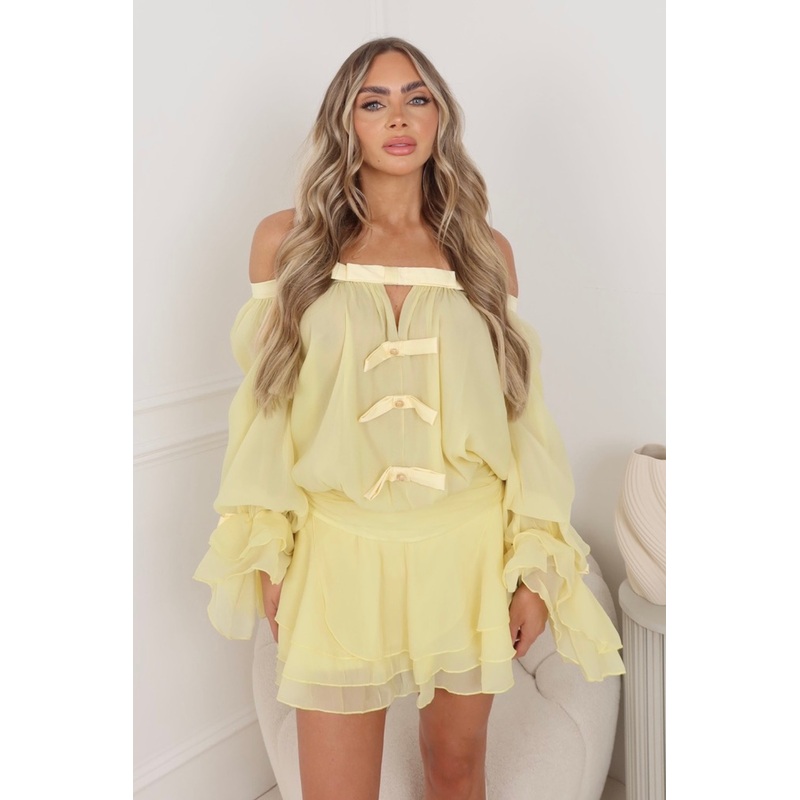Talia lemon bardot bow chiffon mini dress