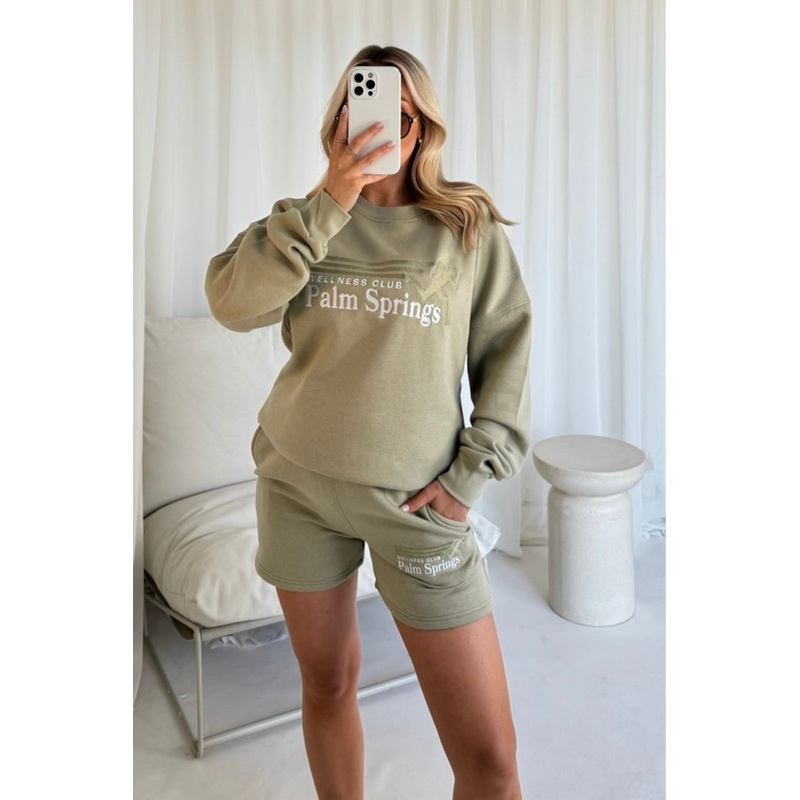 Wellness club palm springs khaki embroidered sweater short lounge set