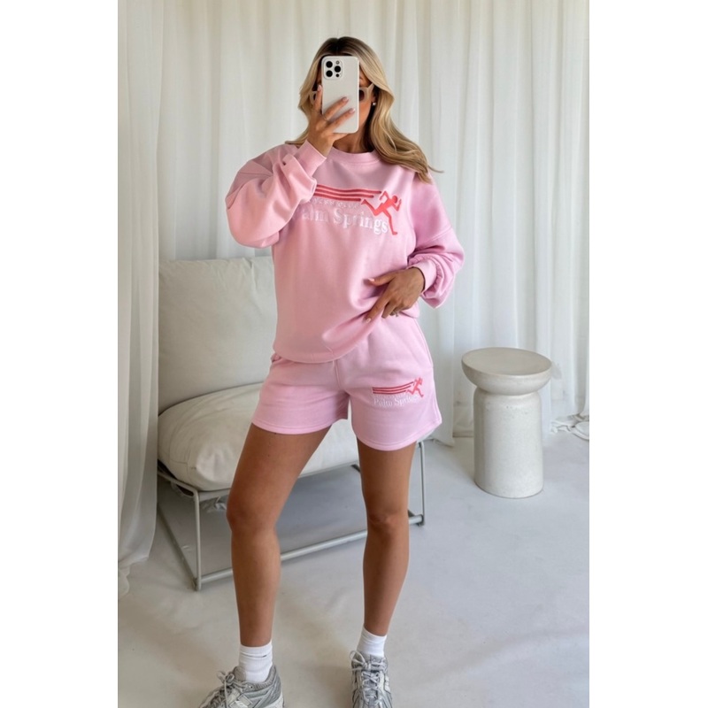 Wellness club palm springs pink embroidered sweater short lounge set