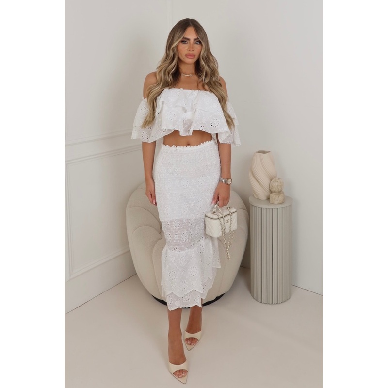 Zoe white broderie bardot top & shirred midi skirt co ord