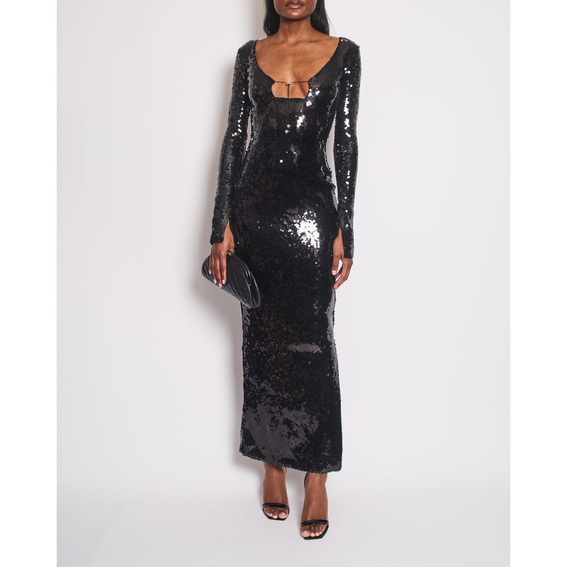 16Arlington Black Solaria Sequin Stretch Tulle Maxi Dress Size FR 34 (UK 6)