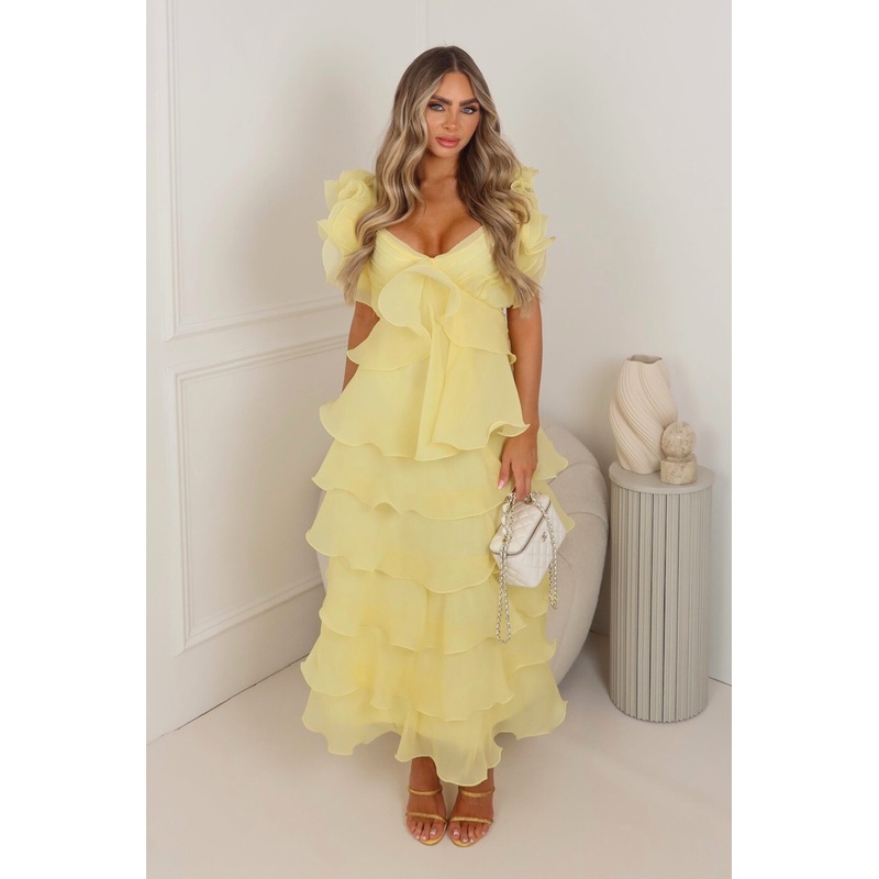 Arabella lemon tiered chiffon maxi dress