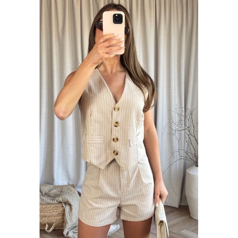 Ava beige pinstripe waistcoat & shorts co ord