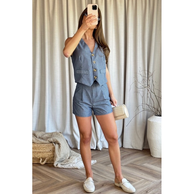 Ava blue pinstripe waistcoat & shorts co ord