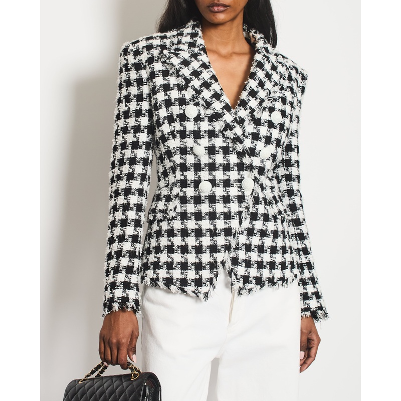 Balmain Black and White Checked Tweed Blazer with White Buttons Size FR 36 (UK 8)