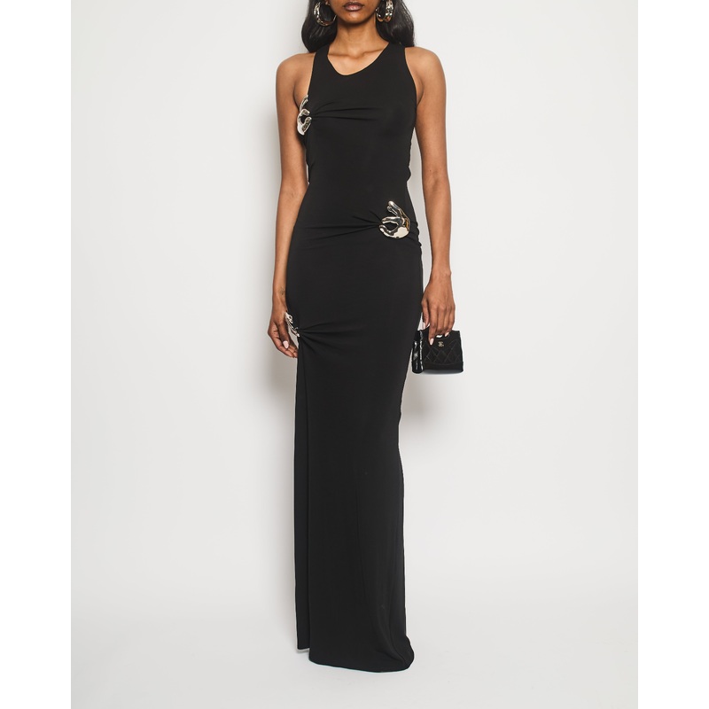 Coperni Black Halter Neck Maxi Dress with Detachable Metal Hand Pin Detail Size S (UK 8) RRP 1770