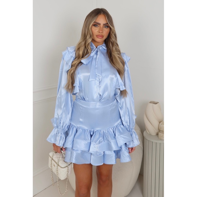 Emily blue pinstripe ruffle hem blouse & skirt co ord