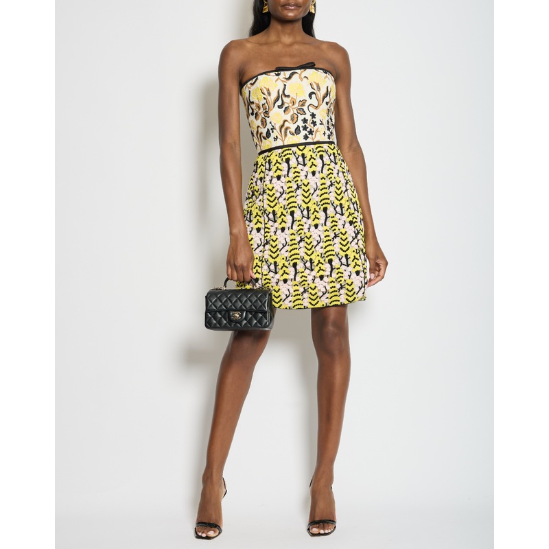 Giambattista Valli Lace & Floral Embroidery Yellow, Pink, Black Strapless Mini Dress size IT 40 (UK 8)