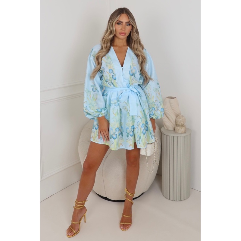 Gianna blue floral belted waist dress