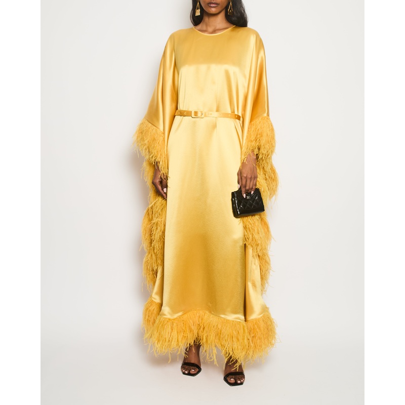 Huishan Zhang Yellow Long Sleeve Maxi Dress with Feather Trim Detail Size O/S