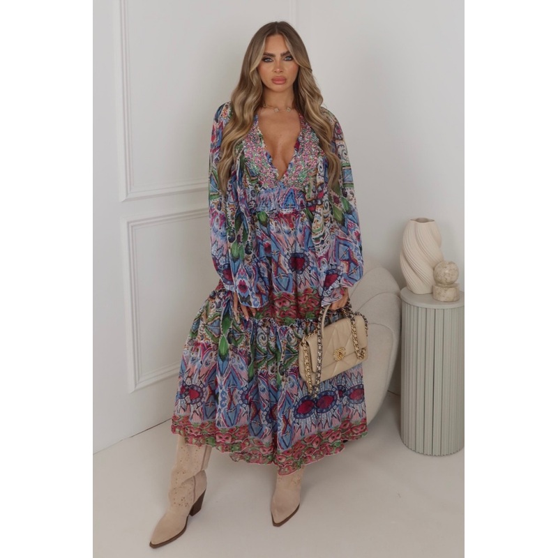 Lyla blue multi boho patterned chiffon maxi dress
