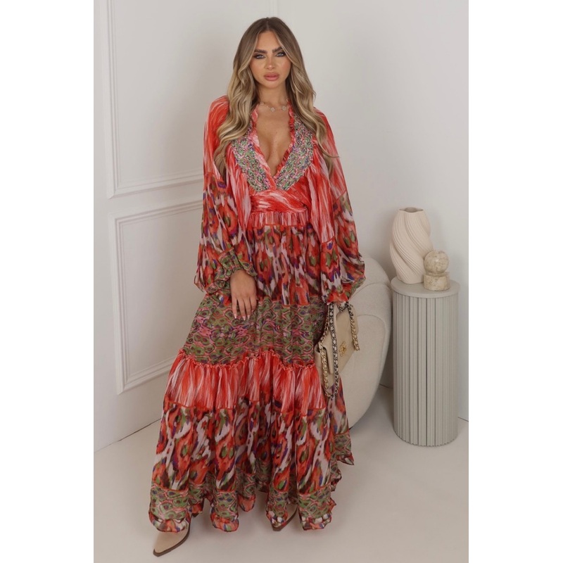 Lyla red multi boho patterned chiffon maxi dress