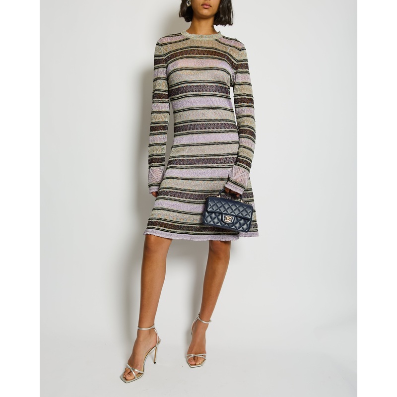 M Missoni Purple Metallic Striped Long-Sleeve Midi Dress Size IT 46 (UK 14)