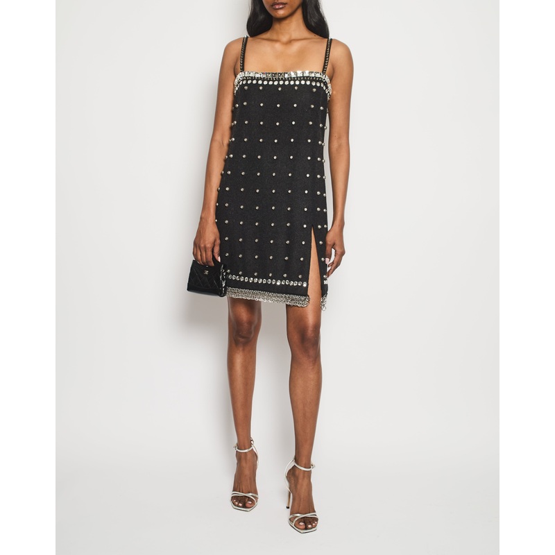 Miu Miu Charcoal Studded Embellished Mini Dress with Chain Mail and Split Detail Size IT 38 (UK 6)