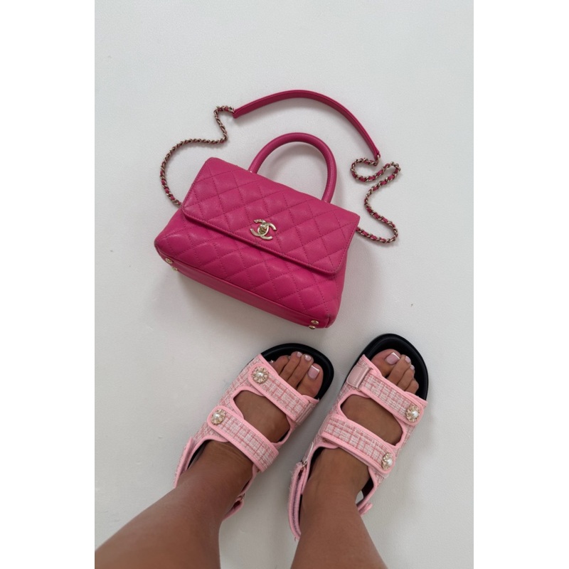 Olivia pink tweed double strap slides