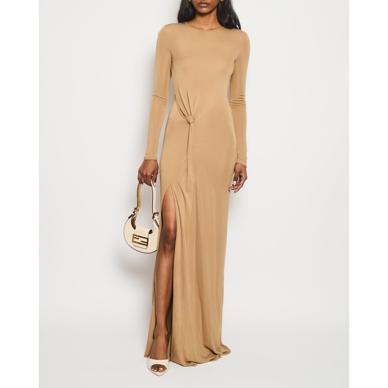 Saint Laurent Camel Long Sleeve Maxi Dress with Knot Tie Detail Size FR 34 (UK 6)