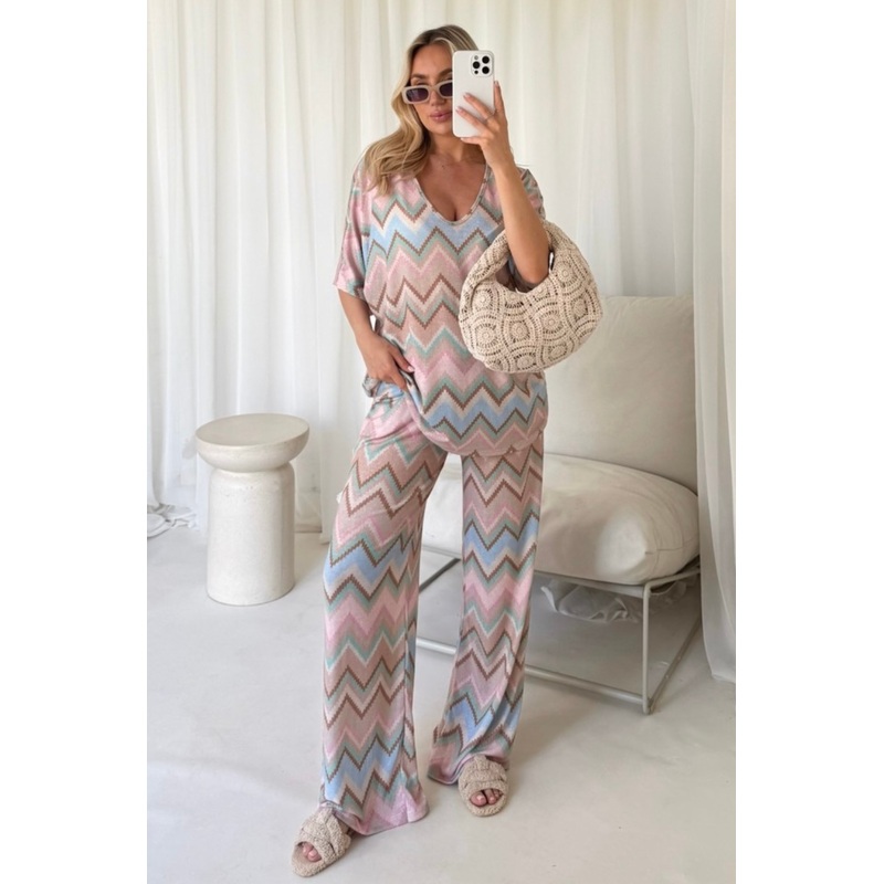 Sarah beige zig zag bow design top & trouser co ord