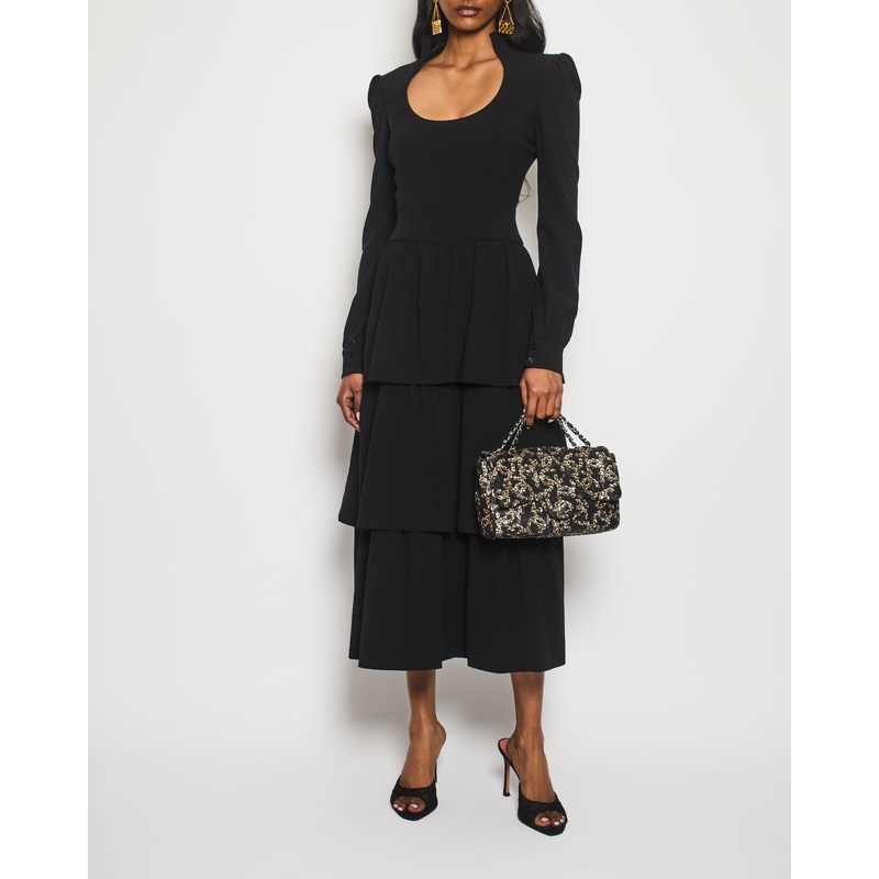 Tom Ford Black Long Sleeve Midi High Neck Dress With Layered Detail Size IT 40 (UK 8)