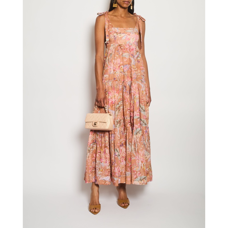 Zimmermann Brown Linen Sleeveless Maxi Dress with Floral Print Detail Size 0 (UK 8)