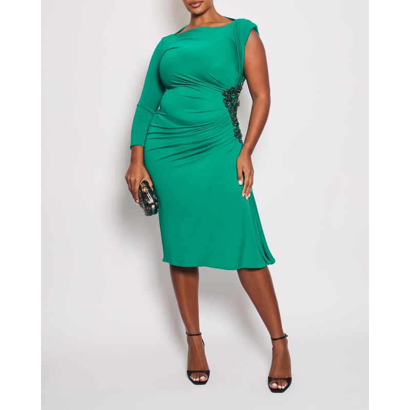 Zuhair Murad Green One-Sleeve Midi Dress with Crystal Embroidery Size IT 46 (UK 14)