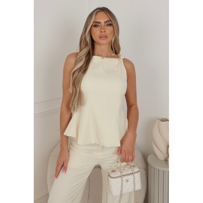 Aimee cream peplum bow top & trouser co ord