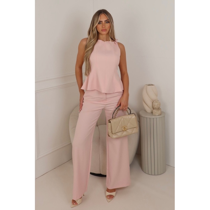 Aimee pink peplum bow top & trouser co ord