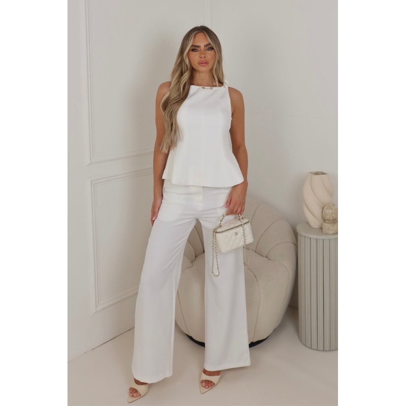 Aimee white peplum bow top & trouser co ord