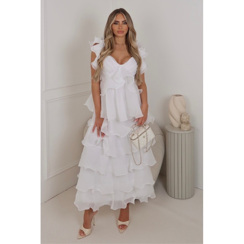 Arabella white tiered chiffon maxi dress