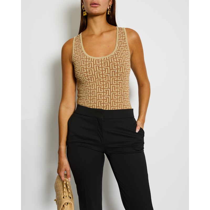 Balmain Gold Metallic Logo Print Bodysuit Size FR 36 (UK 8)