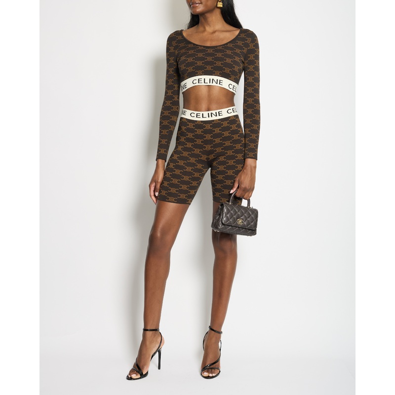 Cline Brown Triomphe Monogram Crop Top and Shorts Set with Logo Waistband Details Size XS (UK 6)