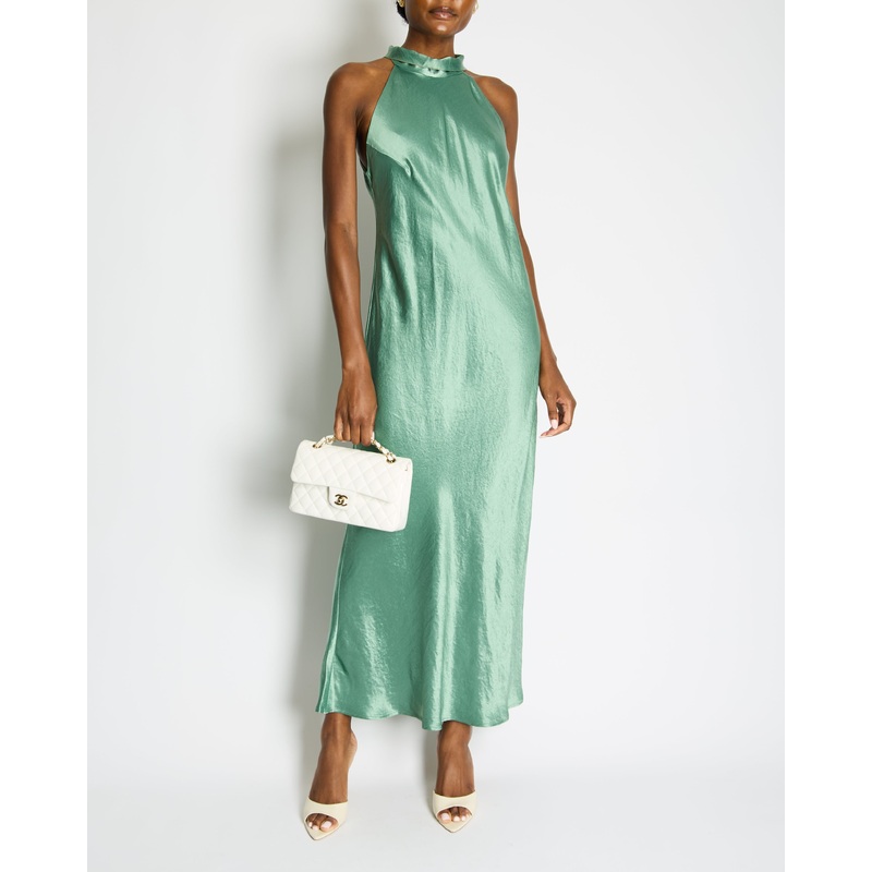 Galvan Green Silk Halter Neck Maxi Dress with Neck Tie Detail Size FR 44 (UK 16)