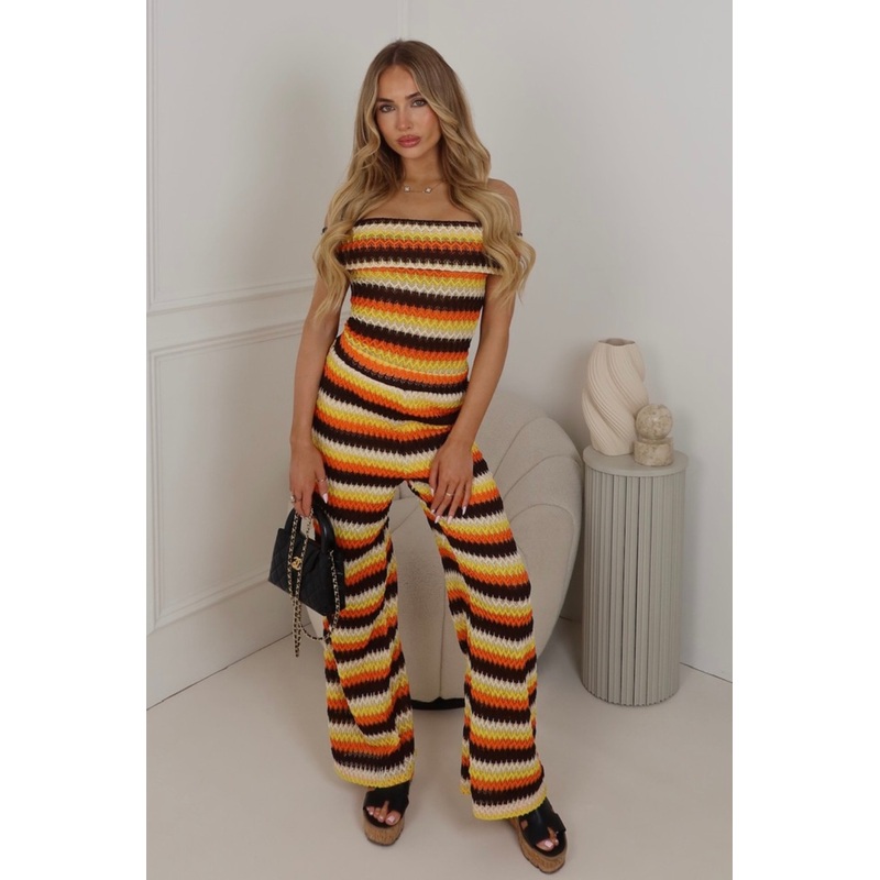 Mia orange zigzag crochet bardot top & trouser co ord