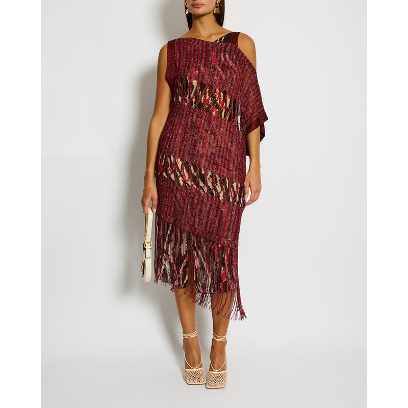 Missoni Red One Shoulder Printed Midi Dress with Tassel Over-Lay Size IT 38 (UK 6)