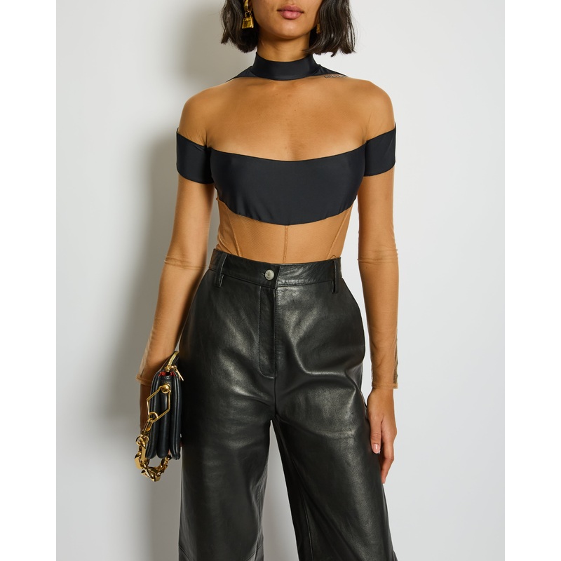 Mugler Black Mesh Mid-Neck Long Sleeve Bodysuit with Logo Detail Size FR 40 UK 12)