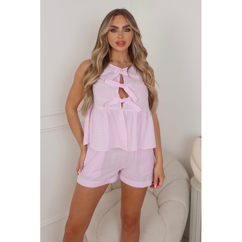 Saffie pink checkered waistcoat & shorts co ord
