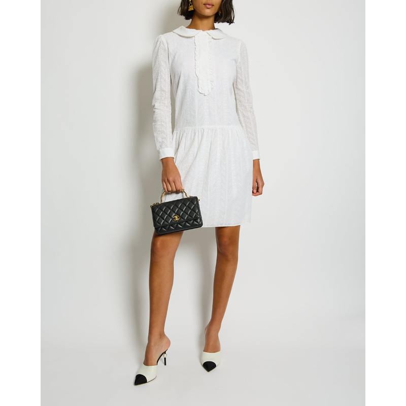 Saint Laurent White Embroidered Long-Sleeve Mini Dress with Collar Detail Size M (UK 10)