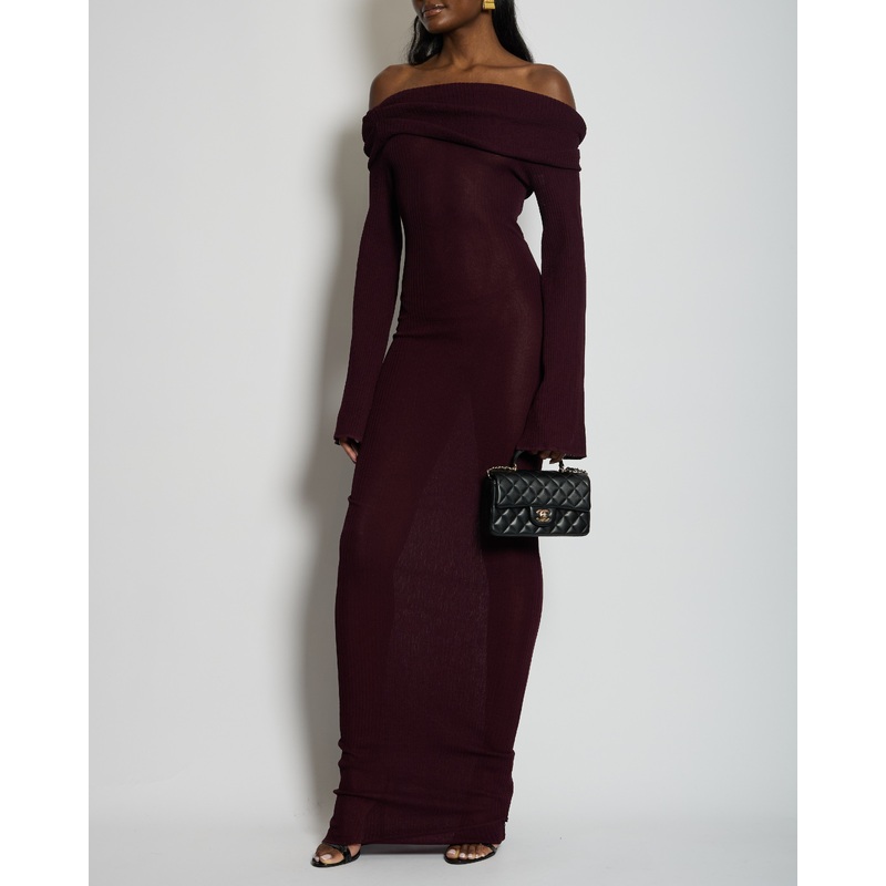 Ser.O.Ya Merlot Knitted Long Sleeve Galleria Maxi Dress with Raunched Neckline Detail Size XS (UK 4) RRP 330