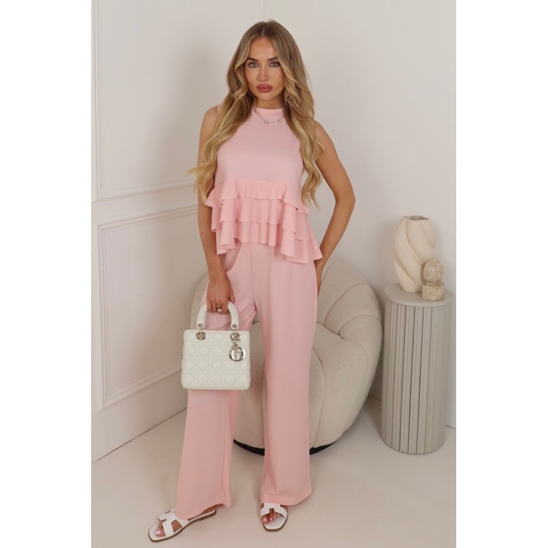 Sienna baby pink tiered top & trouser co-ord