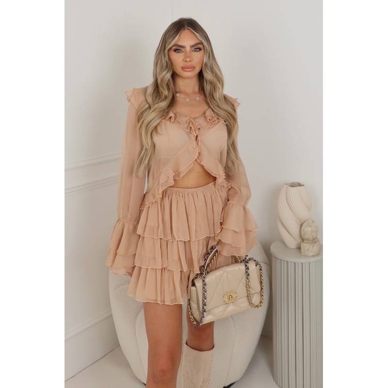 Sophia beige sheer ruffle top & tiered skirt co ord