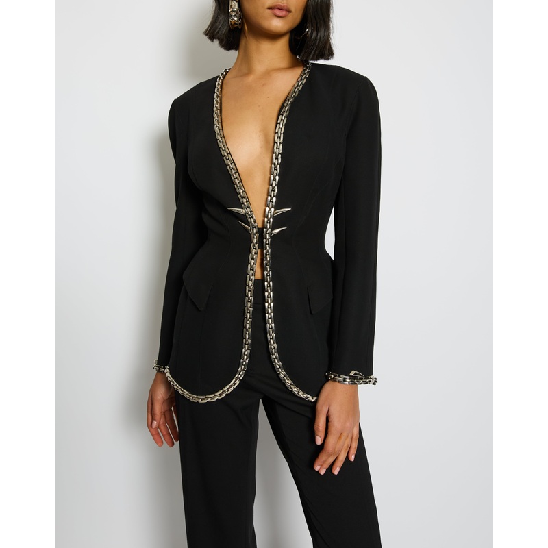 *SUPER RARE* Thierry Mugler Black Single Breasted Blazer with Chain Spike Detail Size FR 36 (UK 8)