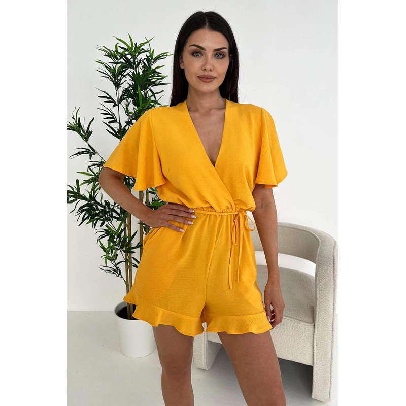 Yellow Butterfly Sleeve Wrap Top Tie Waist Playsuit