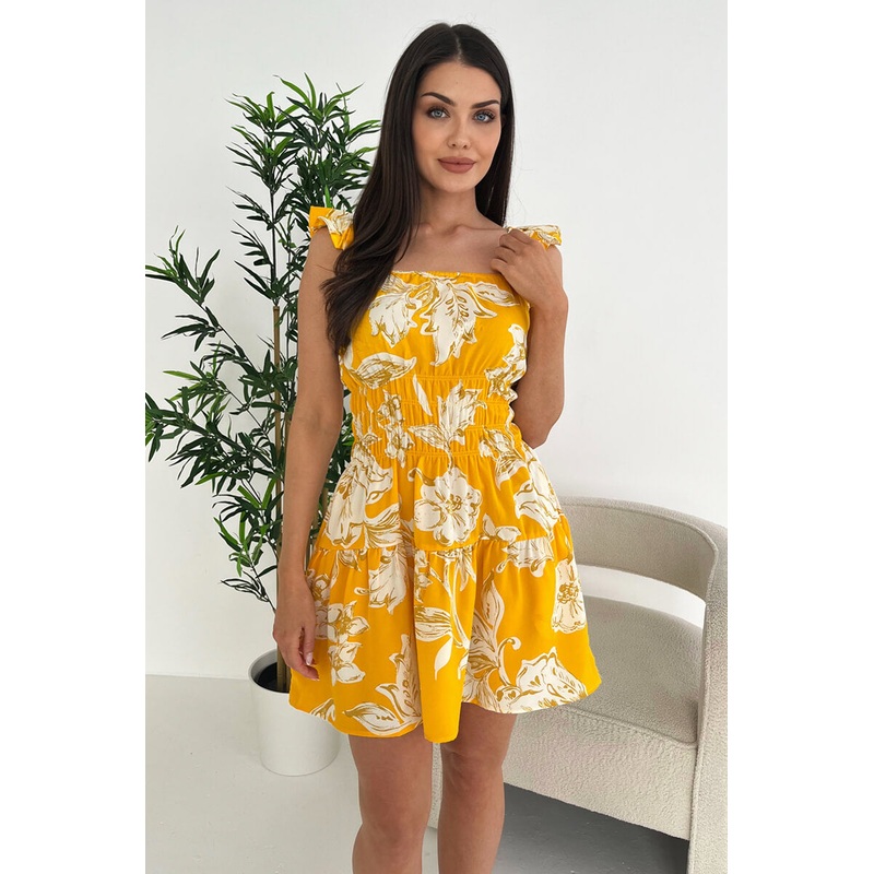 Yellow Floral Printed Frill Strap Mini Dress