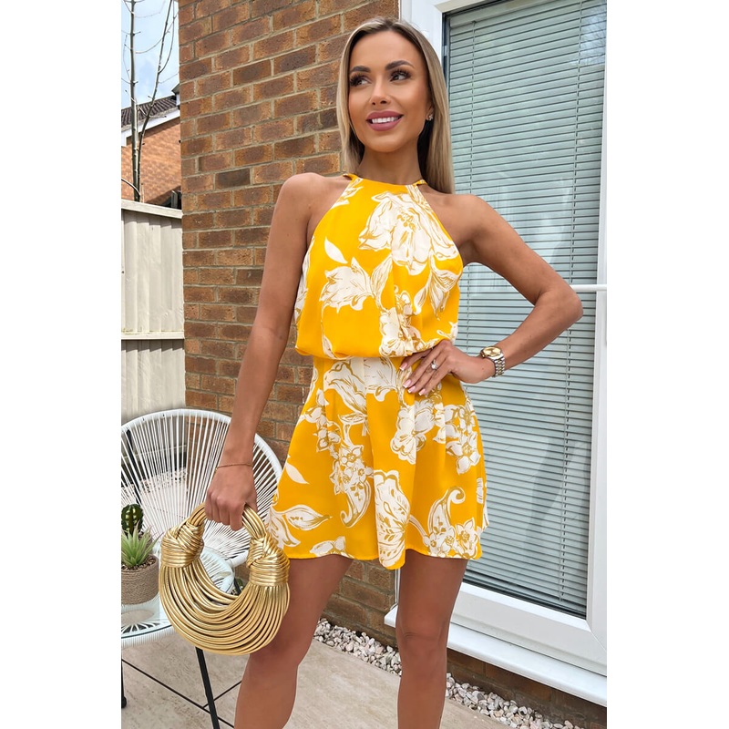 Yellow Floral Printed High Neck Playsuit