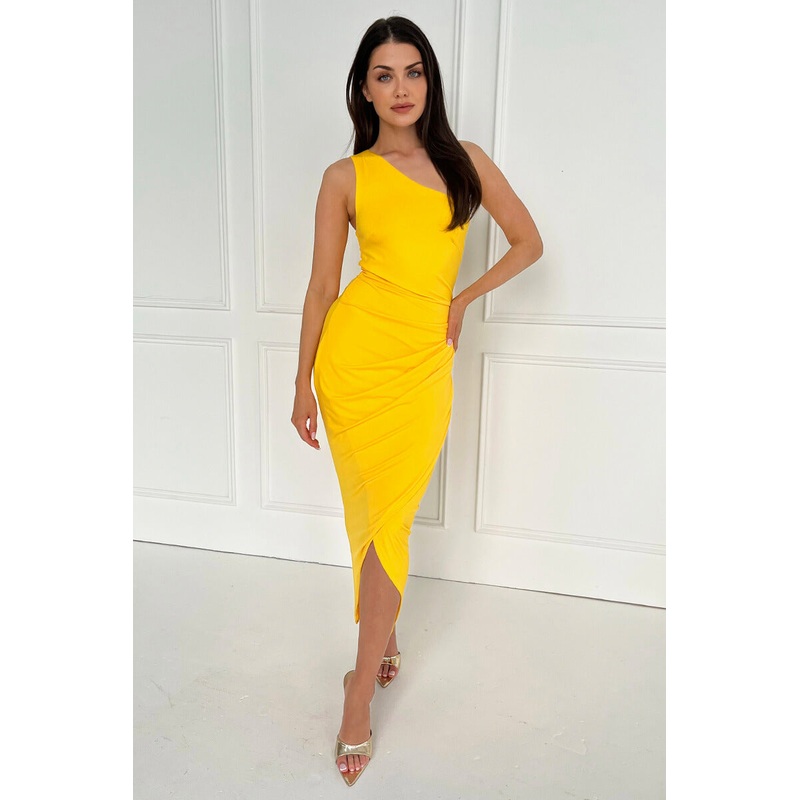 Yellow One Shoulder Wrap Draped Midi Dress
