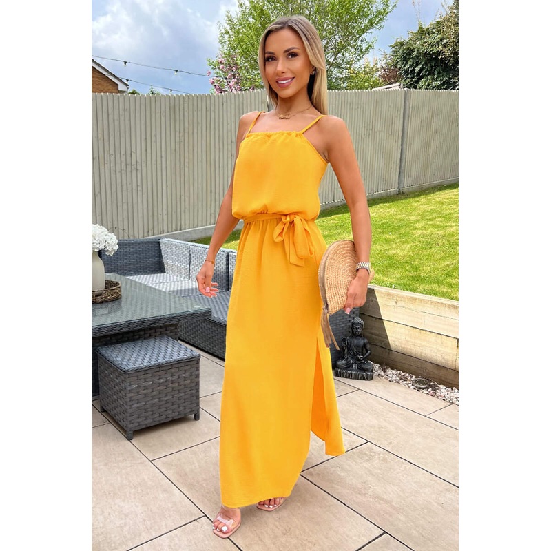 Yellow Tie Waist Strappy Split Leg Midi Dress